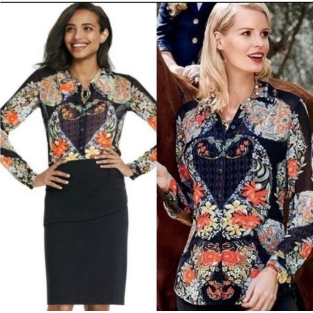 Cabi Amour Floral Diamond Print Sheer Blouse Multicolor Button Front Top Sz S - Picture 8 of 8